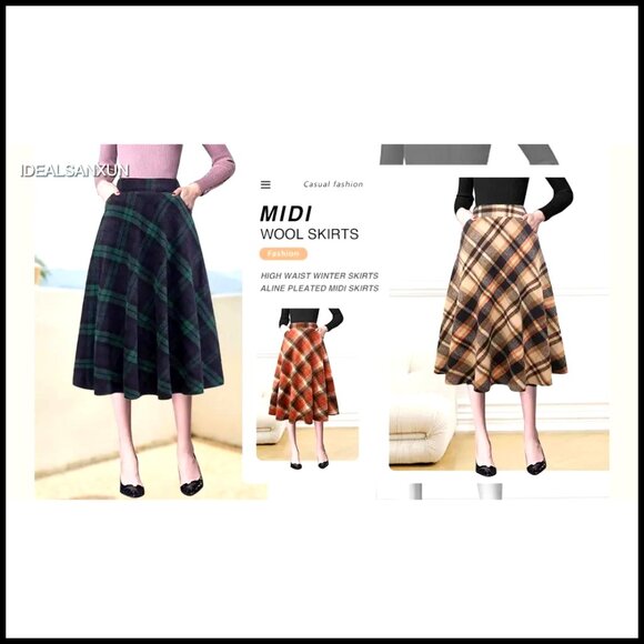 Woolen High Waist A-Line Pleated Midi Skirt with Pockets - Picture 7 of 7